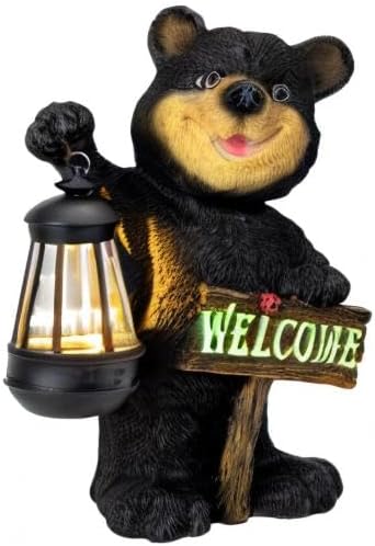 Estatua de oso de jardín Juegoal con farol LED solar, letrero de bi...