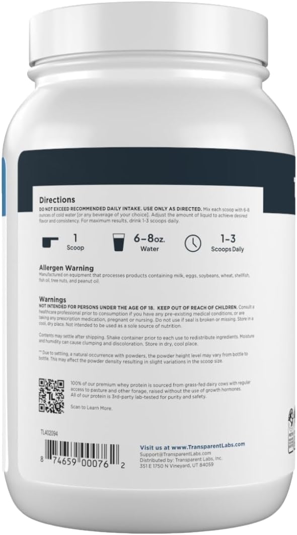 Proteína de suero alimentada con pasto de Transparent Labs, 30 porc...