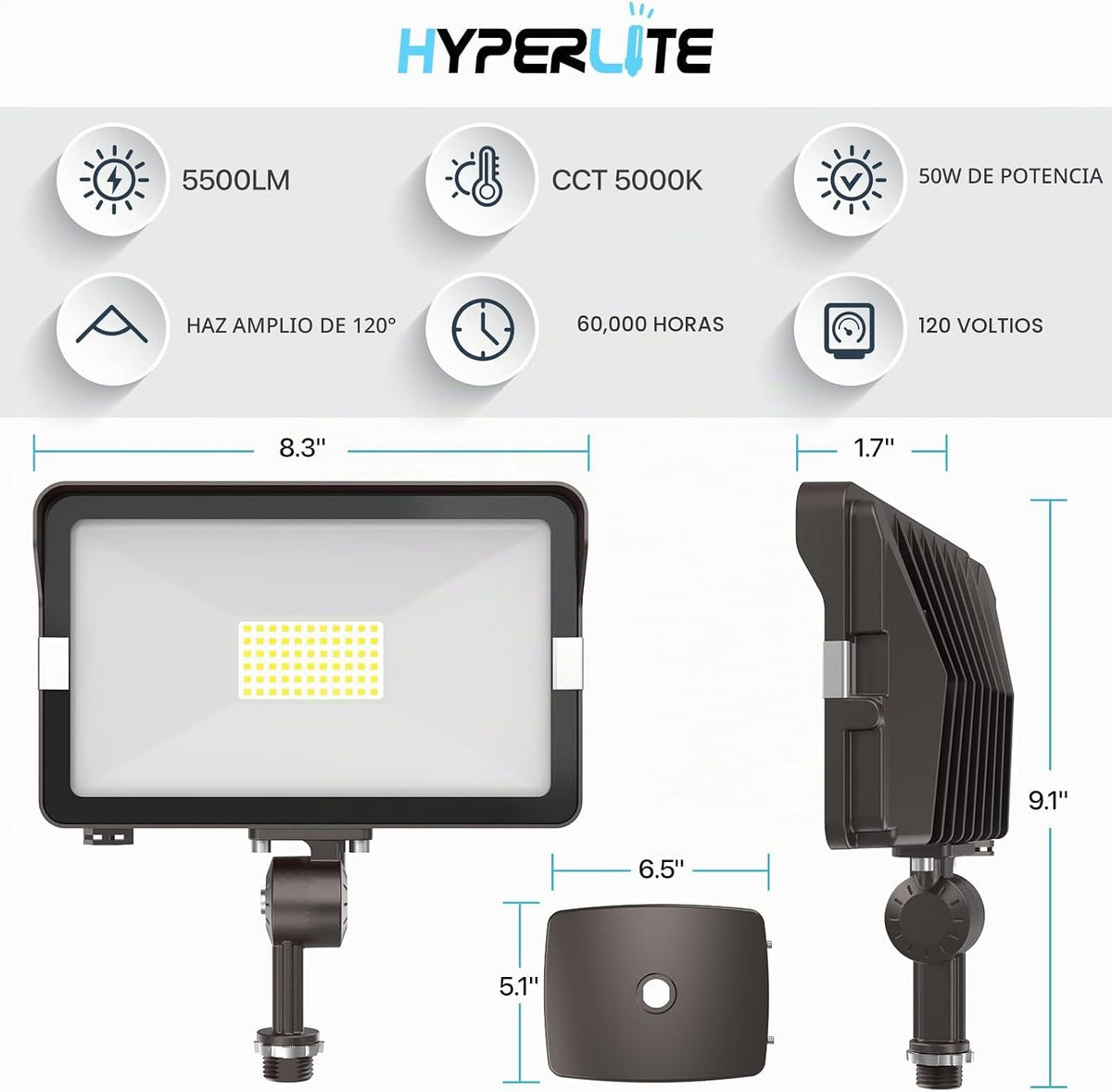 HYPERLITE Paquete de 2 luces LED de 50 W para exteriores con soport...