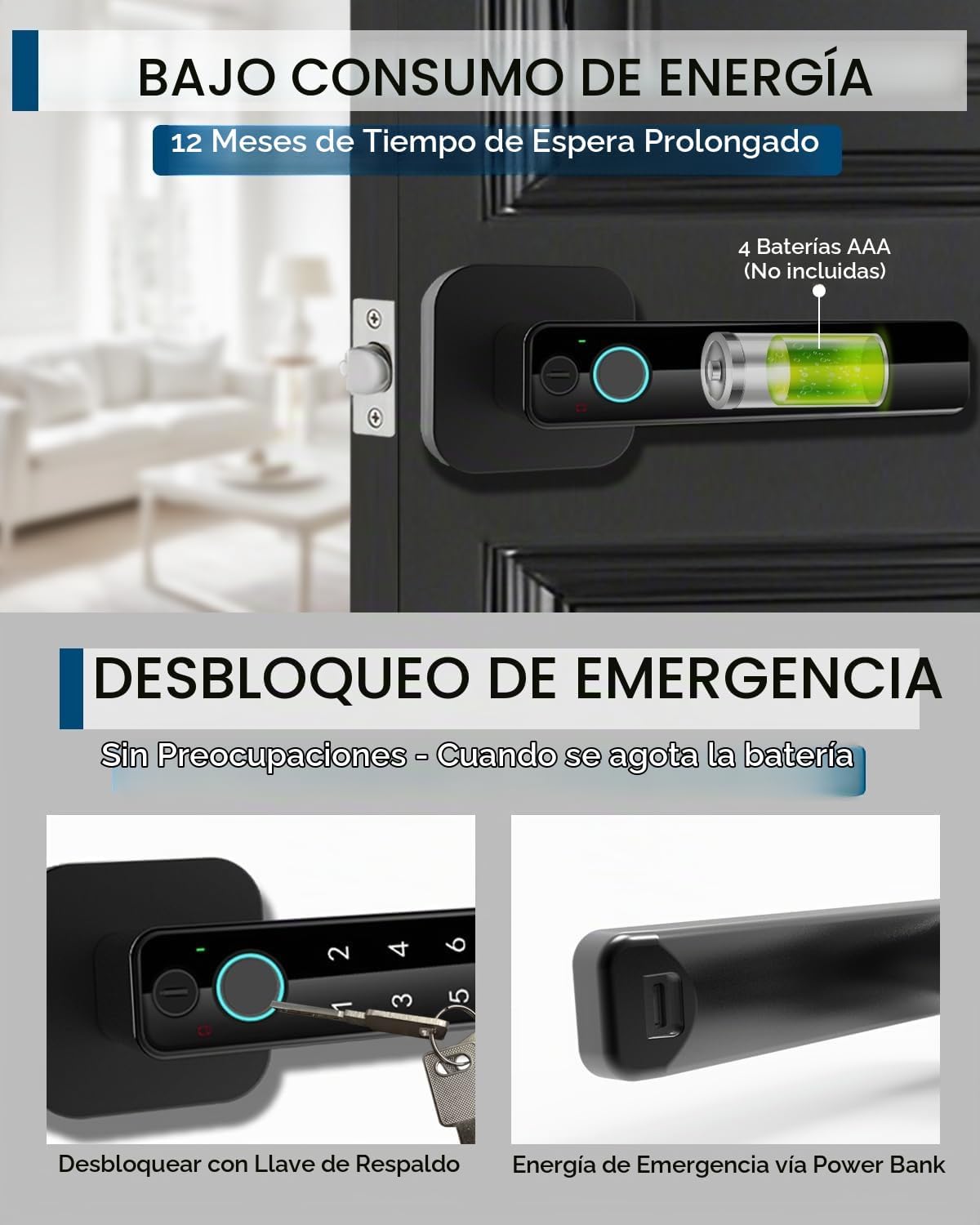 Buoan - Cerradura de puerta inteligente 5 en 1, perilla digital de...