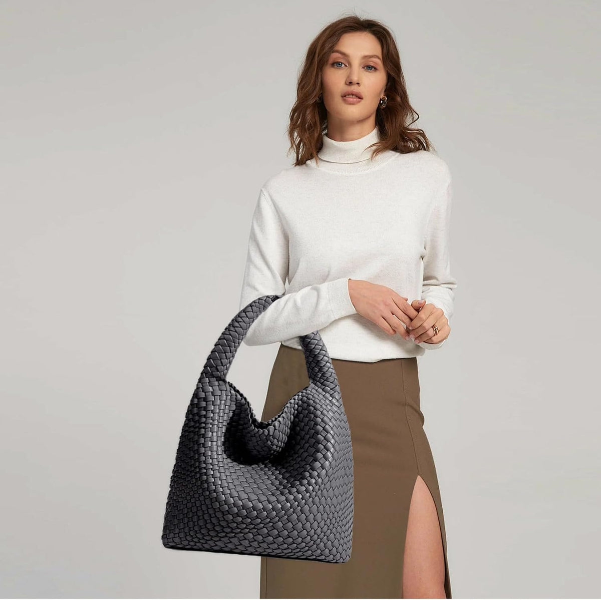 Bolso de mano de mujer con asa superior de cuero vegano tejido a ma...