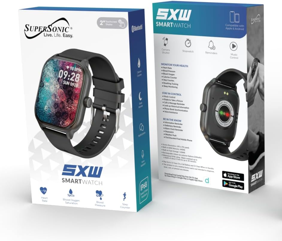Supersonic SC-181SW - Reloj inteligente con pantalla táctil de 2 pu...