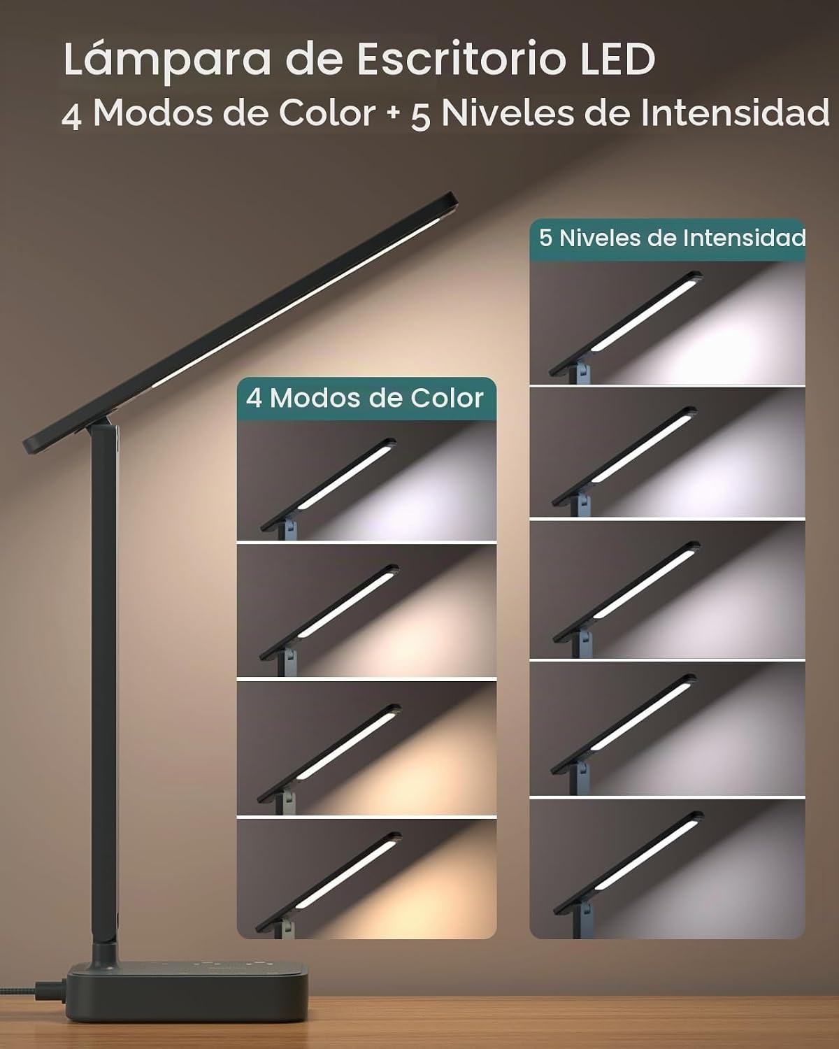 Addtam Lámpara LED de escritorio, tira de alimentación con 3 tomas,...