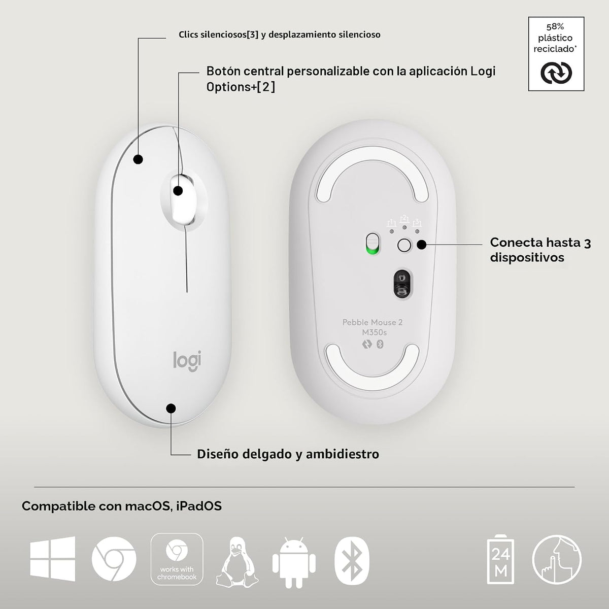 Ratón inalámbrico Bluetooth Logitech M350s Pebble 2 - Tonal blanco...