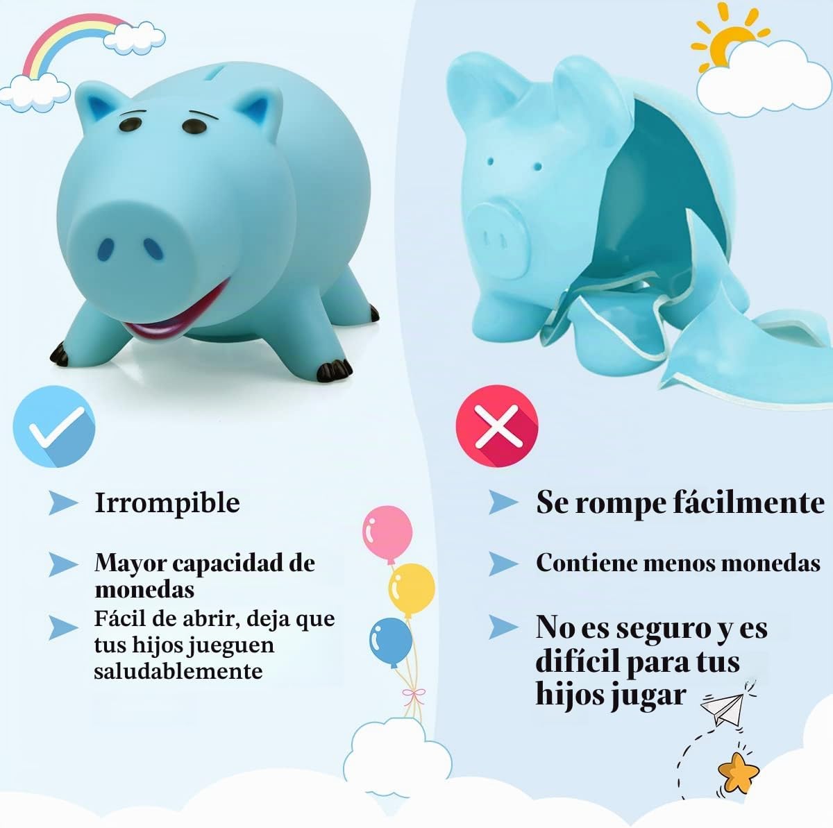 PHOCAS - Hucha de cerdo azul, caja de dinero de plástico para ahorr...