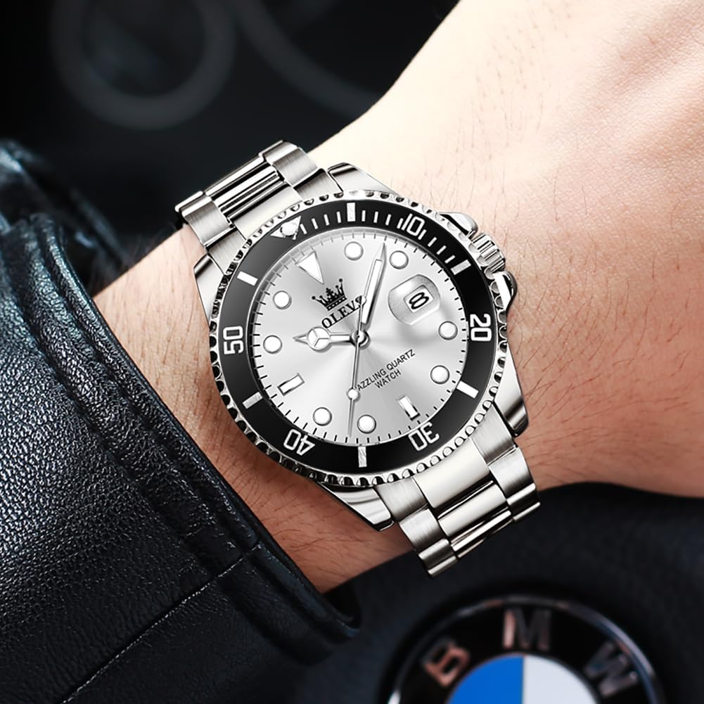 OLEVS Relojes de lujo para hombres grandes de acero inoxidable resi...