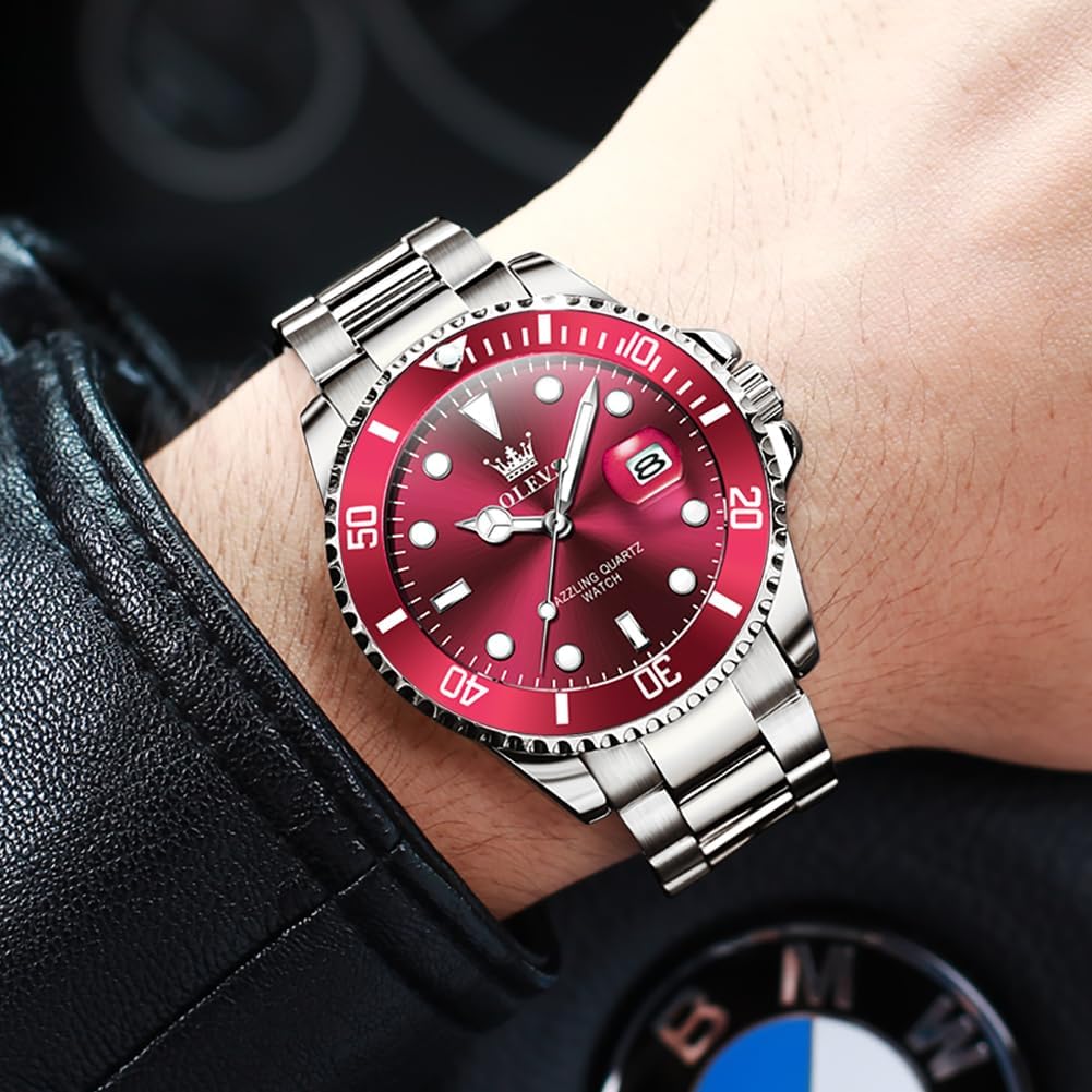 OLEVS Relojes de lujo para hombres grandes de acero inoxidable resi...