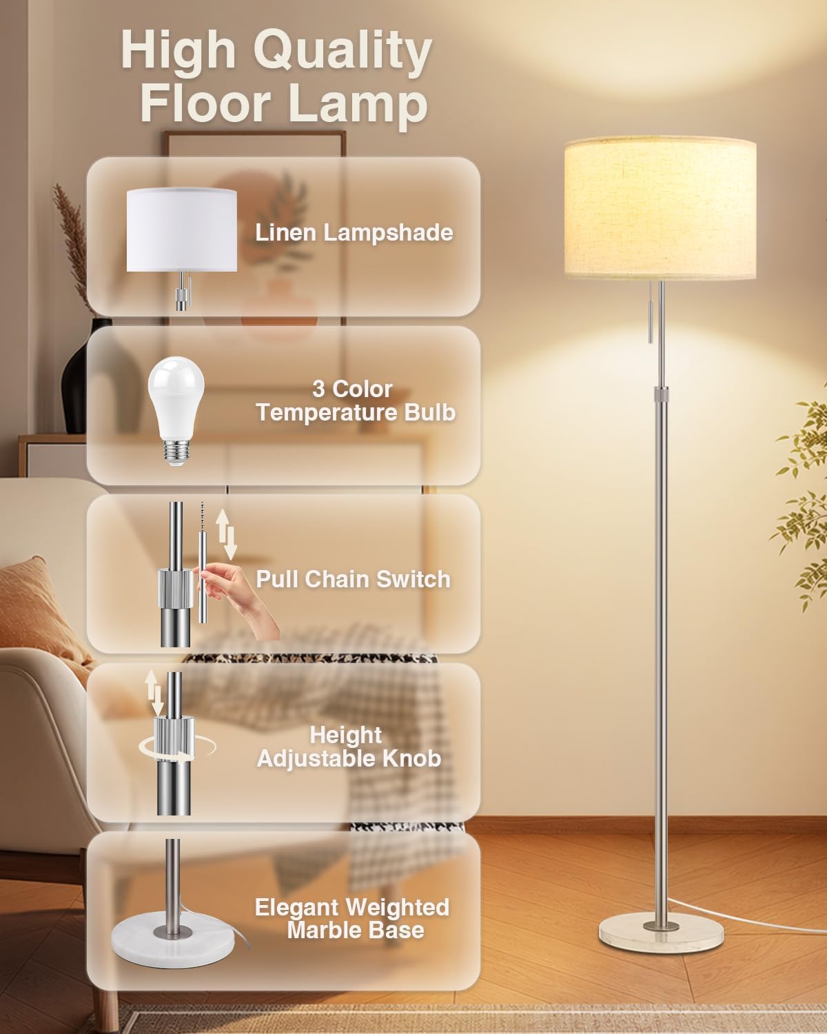 Ambimall Lámpara de pie moderna ajustable en altura, base de mármol...
