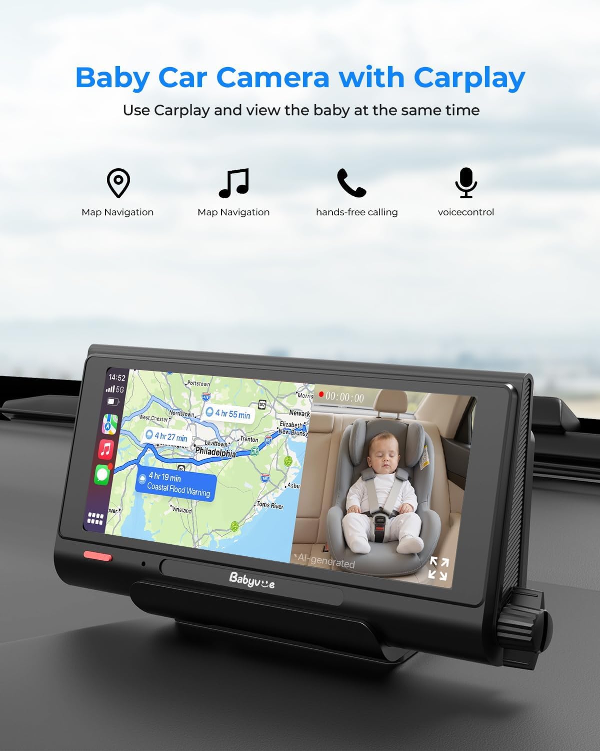 Cámara para coche de bebé Babyvue BV7 con Carplay, pantalla dividid...
