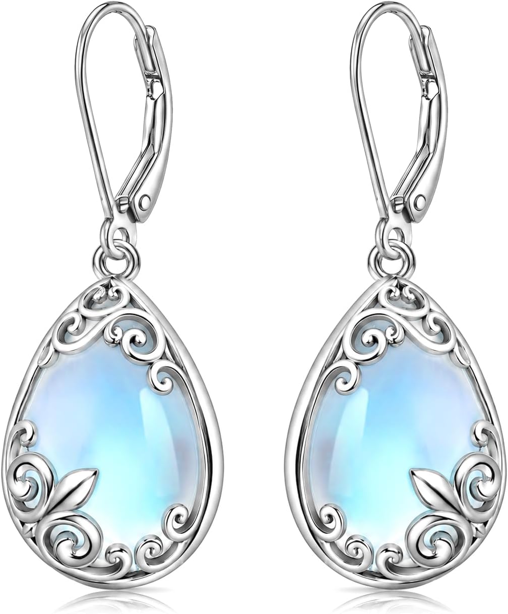 Aretes colgantes de filigrana de piedra lunar de plata de ley con l...