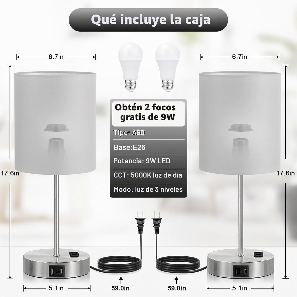 Juego de 2 lámparas táctiles grises de 17.6" para dormitorio, r...
