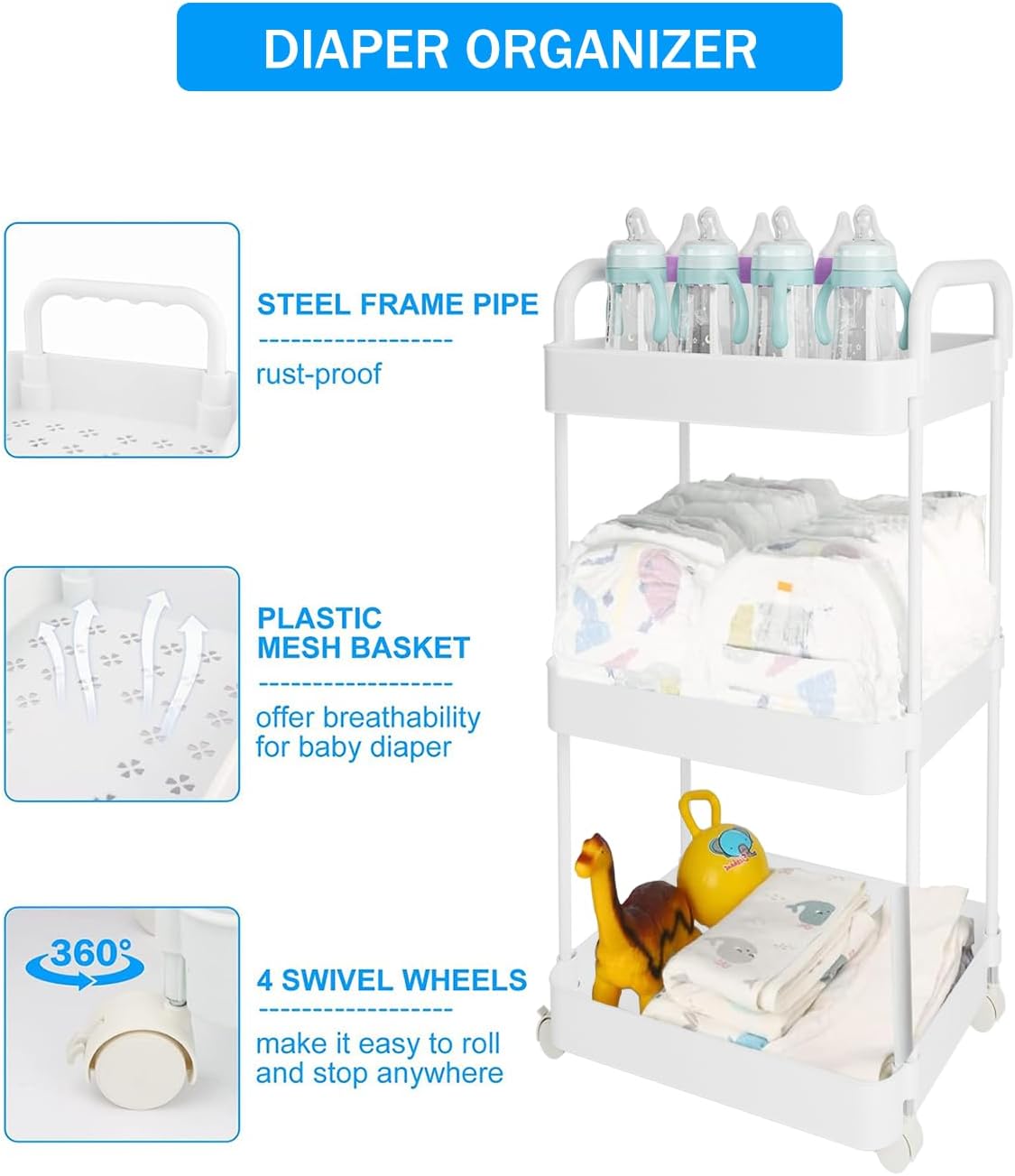 Carrito para pañales Volnamal, carrito rodante de plástico de 3 niv...