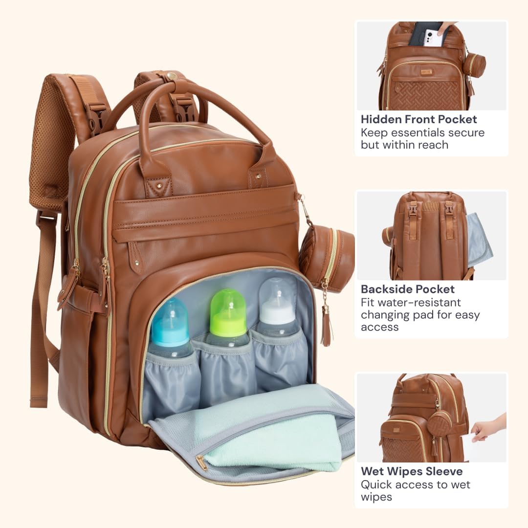 BabbleRoo Mochila de cuero para pañales - Baby Essentials Bolsa de...
