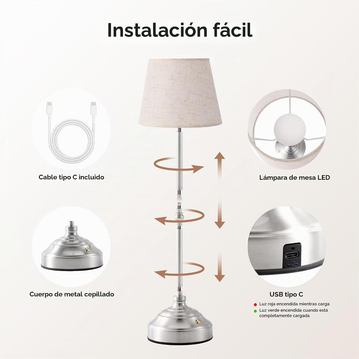keysays Lámpara de mesa inalámbrica, lámpara de escritorio recargab...