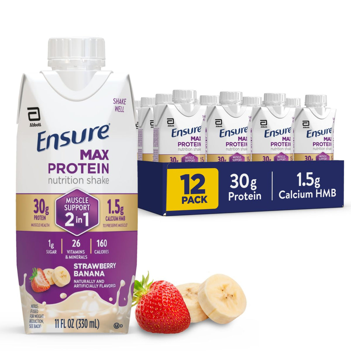 Ensure Max Protein - Plátano de fresa 2 en 1, 1.06 onzas de alto co...