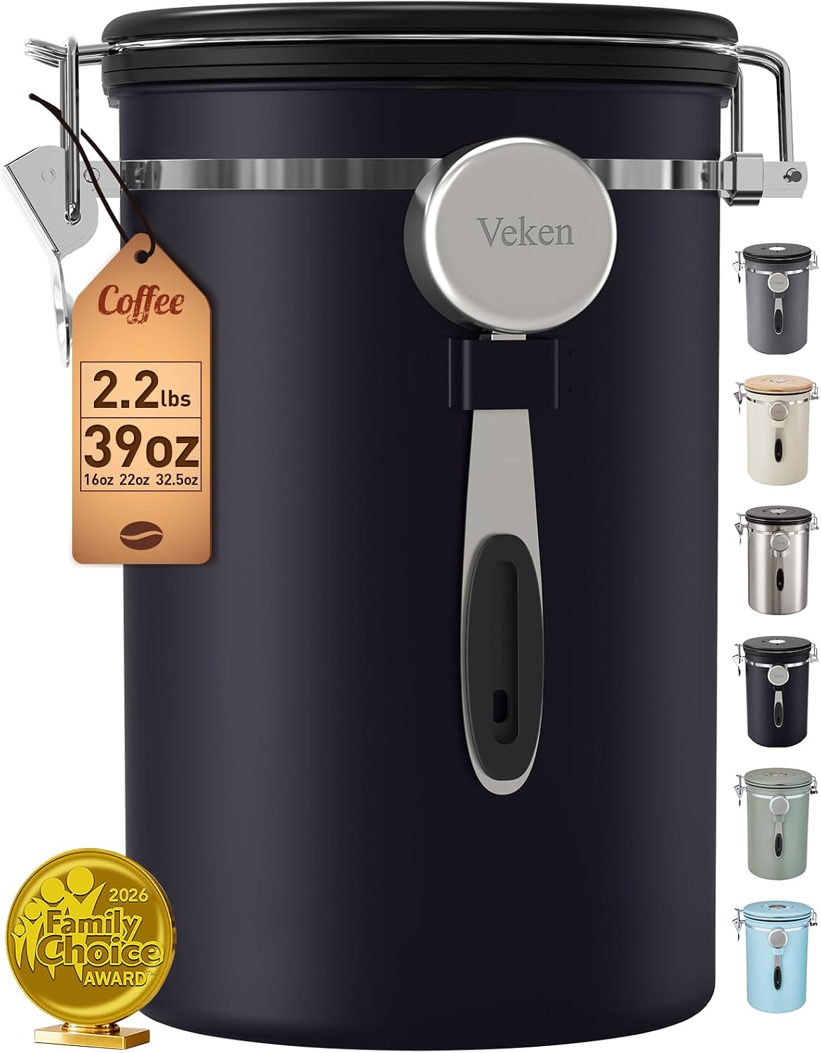 Recipiente de café Veken, 39 oz, 2,2 libras, recipiente hermético g...