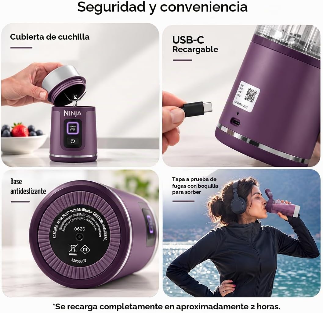 Ninja BC151PR Blast - Licuadora portátil, inalámbrica, recipiente d...