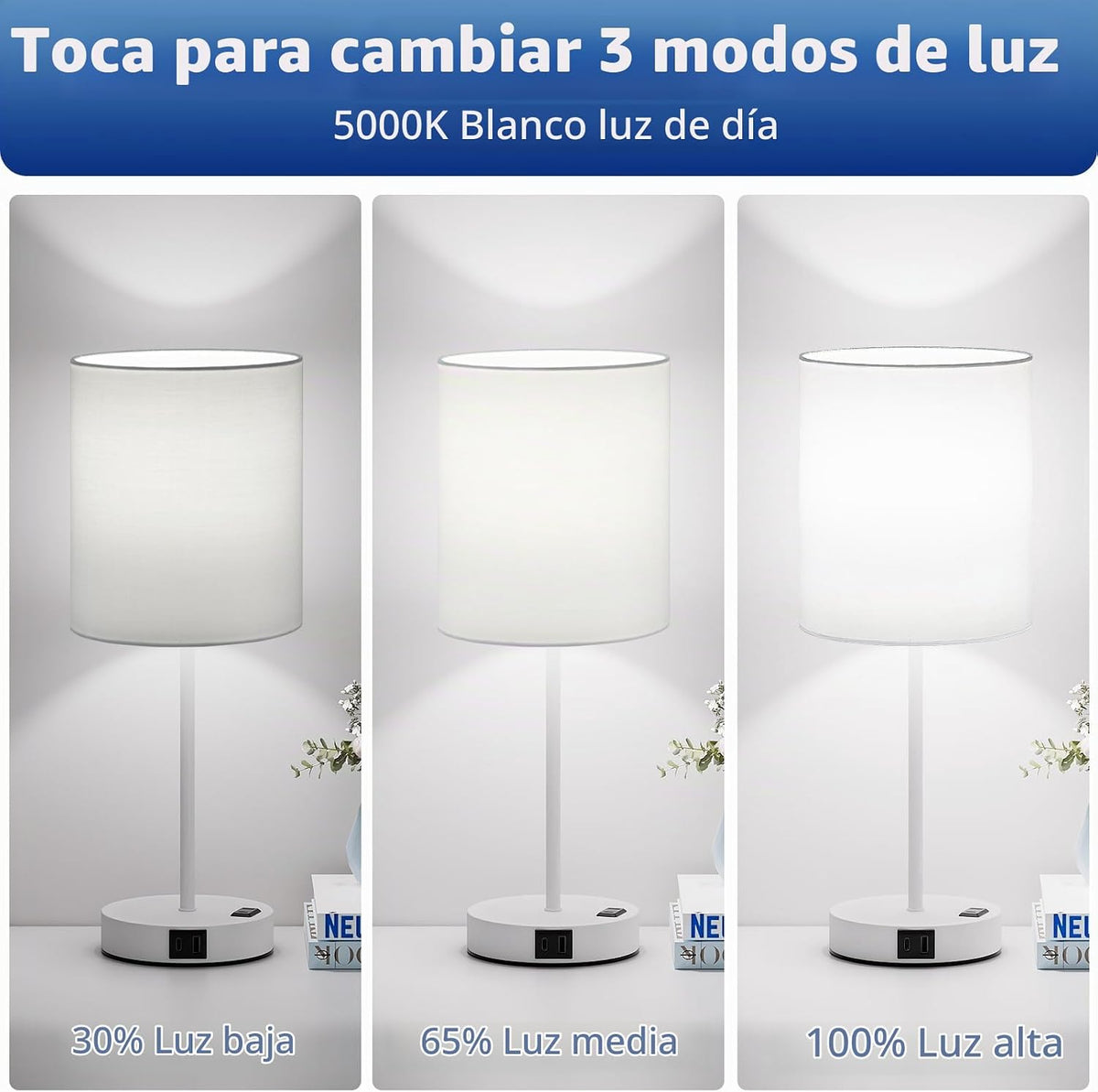 Juego de 2 lámparas táctiles blancas de 17.6" para dormitorio,...