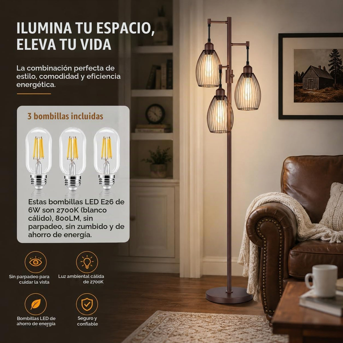 Nintiue Lámpara de pie regulable, 3 bombillas LED de 800LM incluida...