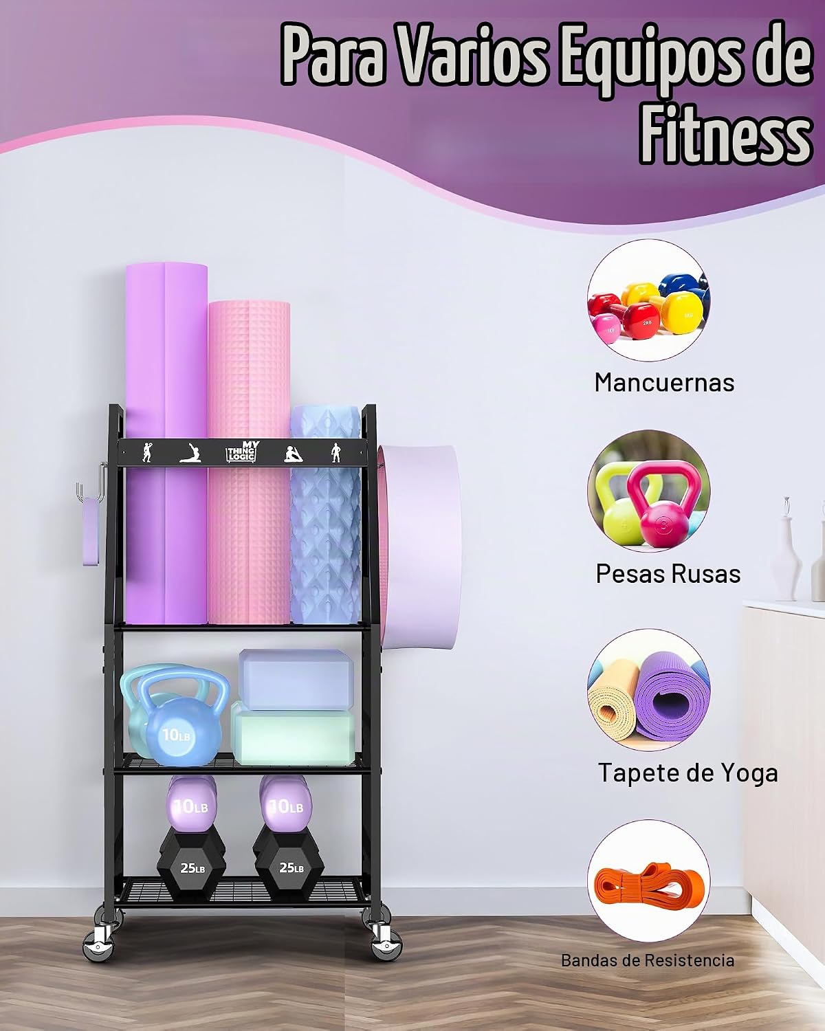 Mythinglogic Estante de gimnasio en casa para mancuernas, esterilla...