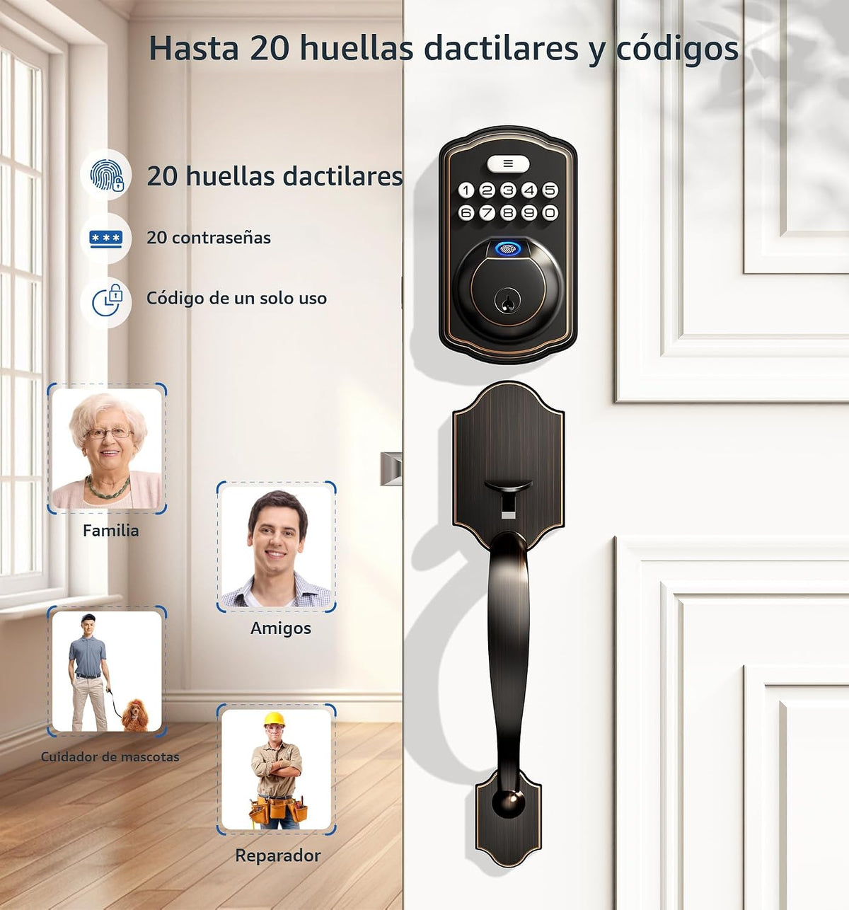 Veise KS02D Cerradura de cerrojo de huellas dactilares con mango, b...