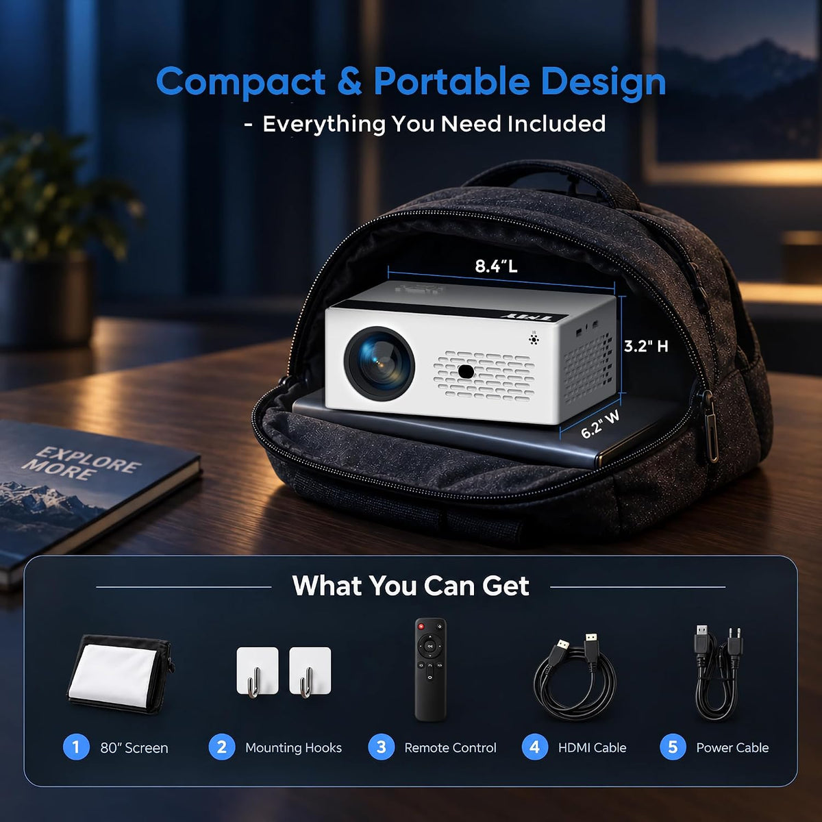 TMY Mini proyector, proyector Bluetooth mejorado con pantalla, proy...