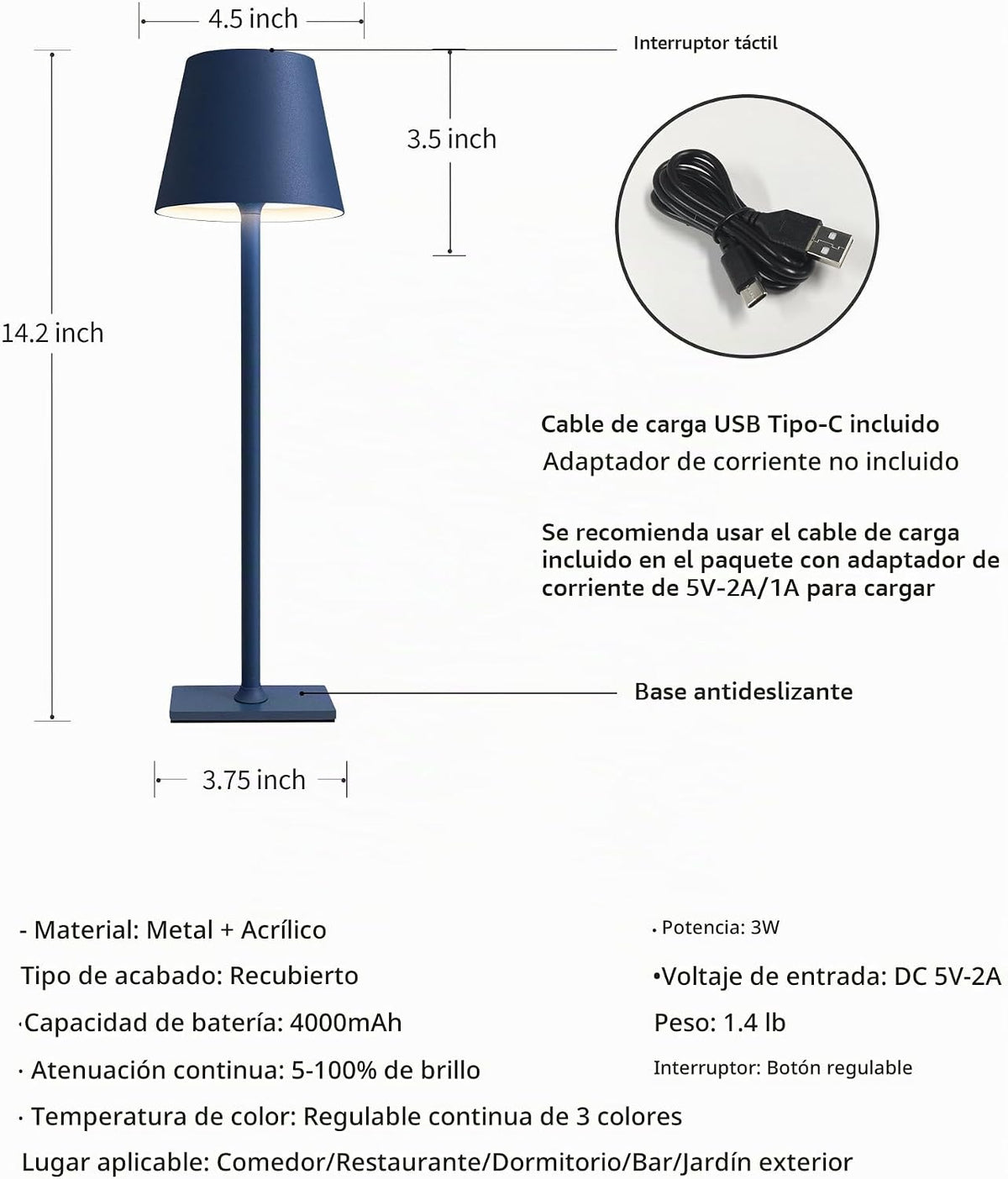 KDG Paquete de 2 lámparas de mesa azules inalámbricas, lámparas de...