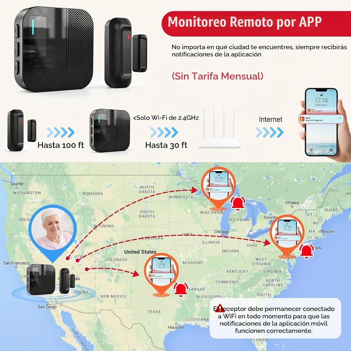 SanJie Timbre de puerta WiFi, sensor de alarma de puerta con notifi...