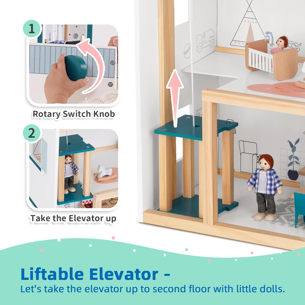 OOOK Casa de muñecas de madera con elevador elevable, 2.6 pies de a...