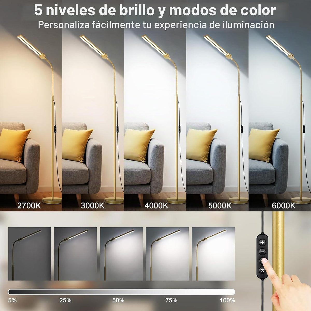 Lámpara de pie dorada, 18 W\/2000 lúmenes, lámpara de pie LED brill...