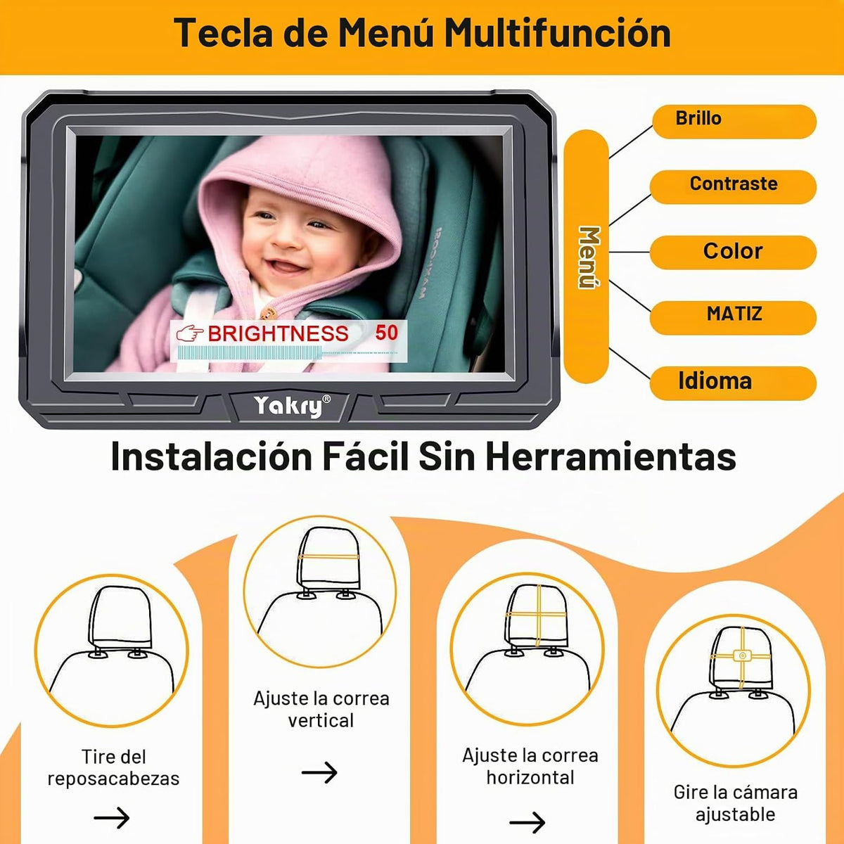 Yakry Cámara de coche de bebé para asiento trasero - HD 1080P, gran...