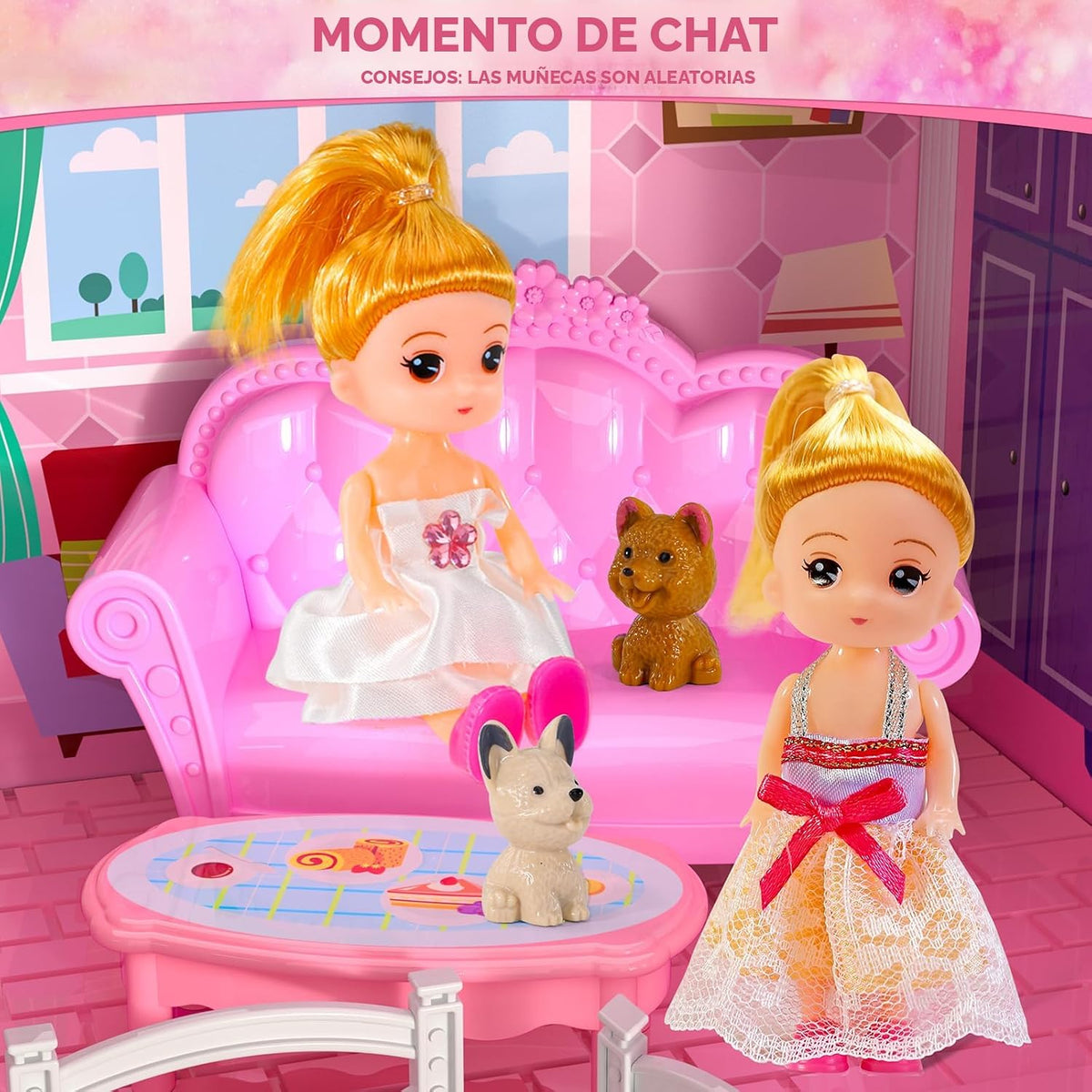 Doloowee Casa de muñecas de 4 pisos con tobogán y 2 muñecas, casa d...