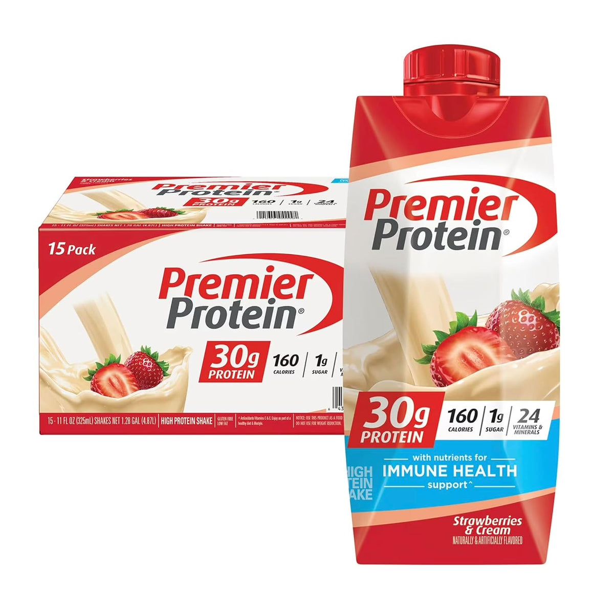 Premier Protein Batido, fresas y crema, 1.06 oz de proteína, sin az...