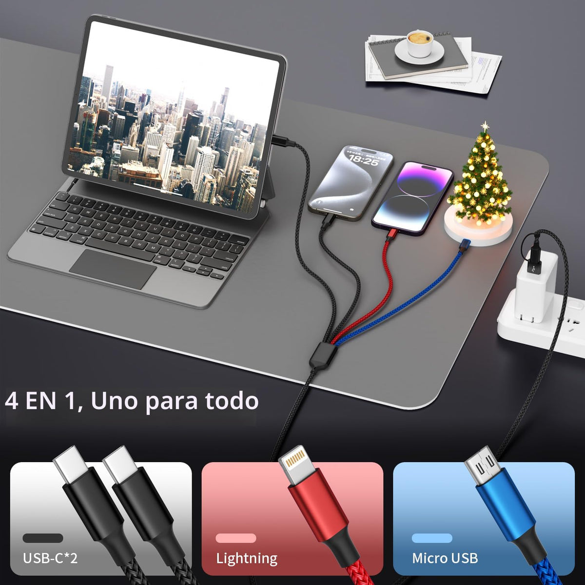 Cable de carga múltiple 4 en 1 con puerto tipo C dual para múltiple...