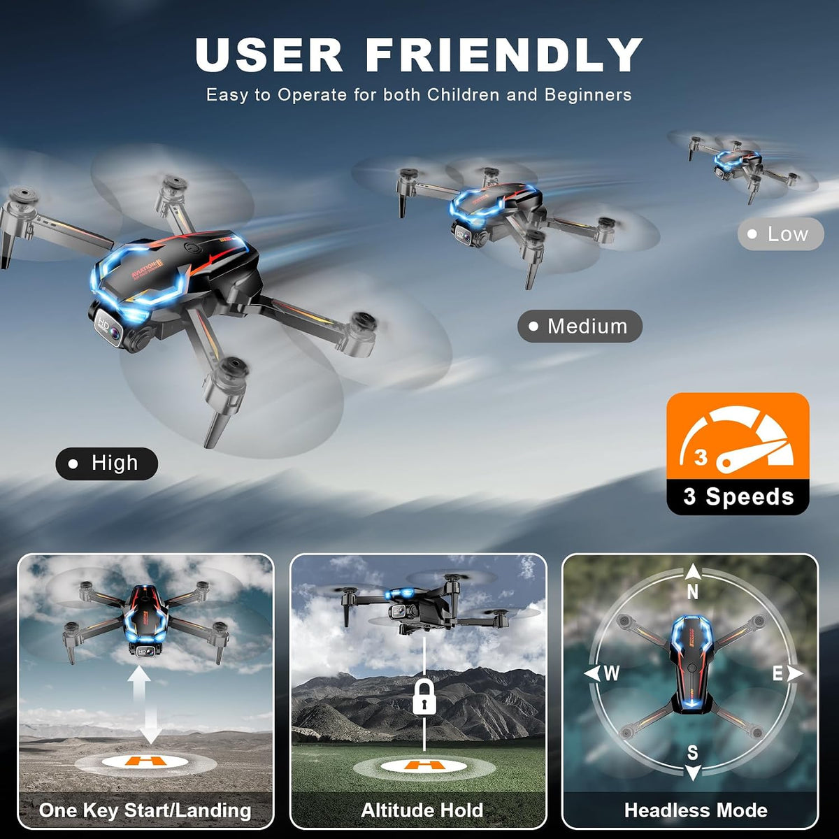 Dron con cámara para adultos, 2K HD FPV Drones con retención de alt...