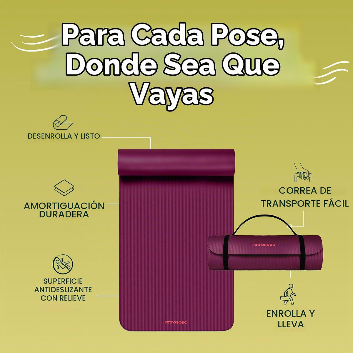 Retrospec Solana - Tapete de yoga grueso de 1\/2 pulgada antidesliz...