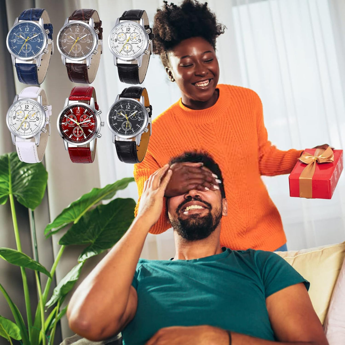 yunanwa Paquete de 6 relojes de cuarzo de cuero para hombre, Ginebr...