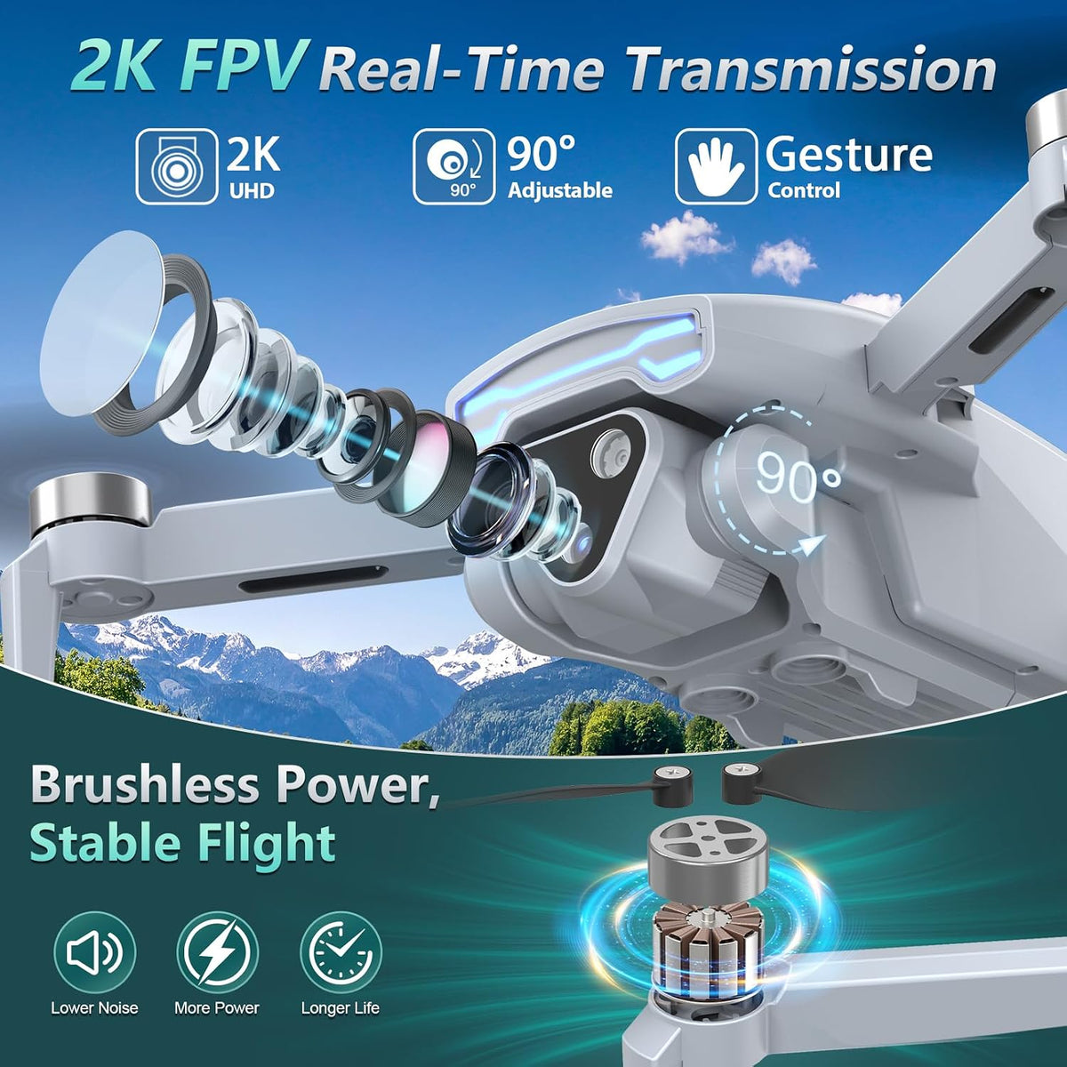 Dron 2K con cámara, controlador de pantalla, motor sin escobillas,...