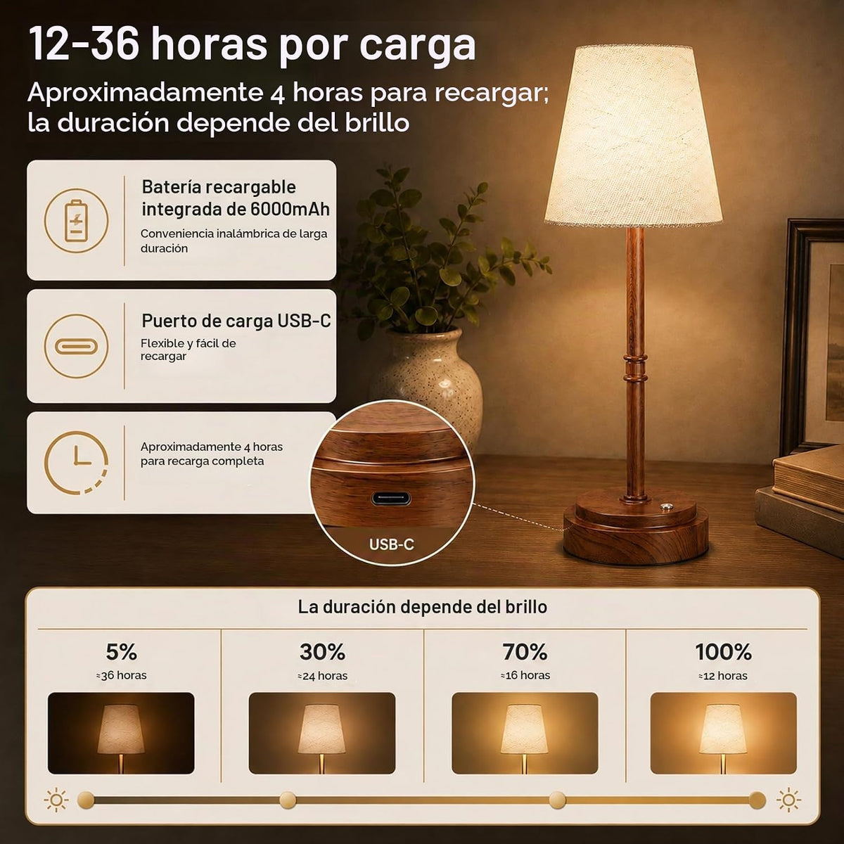 Lámpara de mesa inalámbrica recargable, lámpara de noche con pilas,...