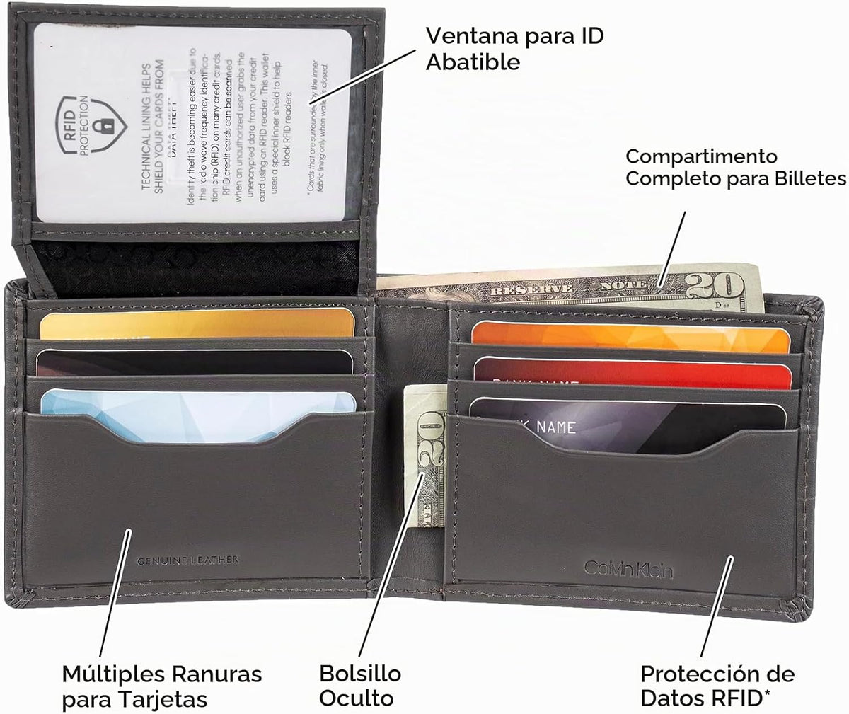 Calvin Klein Billetera plegable minimalista de piel RFID para hombr...