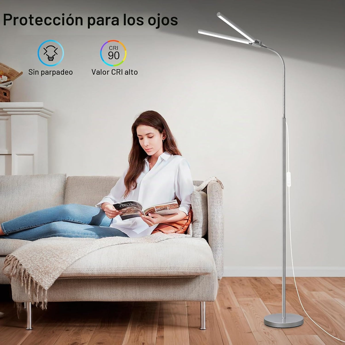 Lámpara de pie brillante, lámpara de pie LED plateada de 18W\/2000L...