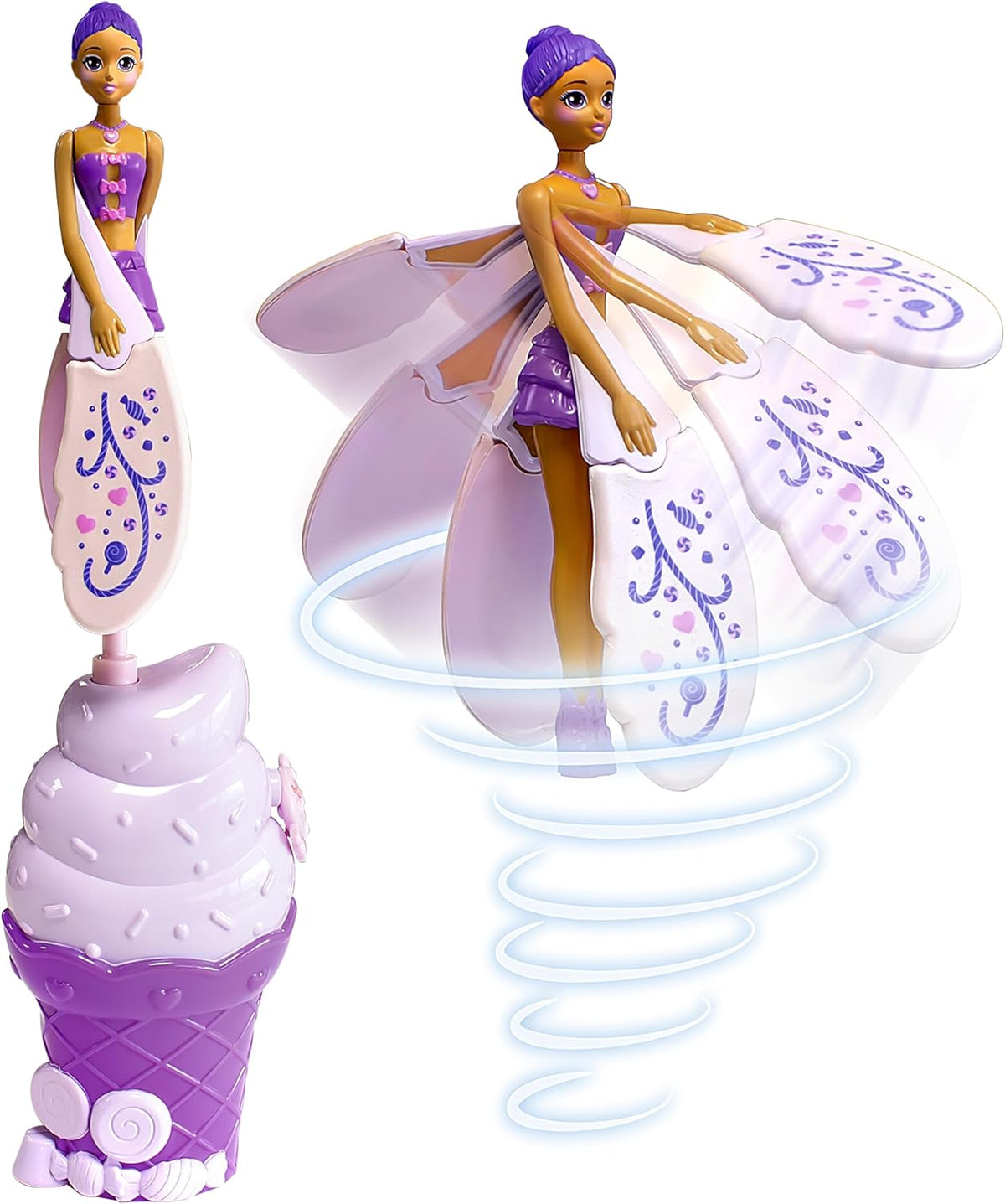 Sky Dancers Muñeca voladora, juguete de tirar, sin baterías, morado...