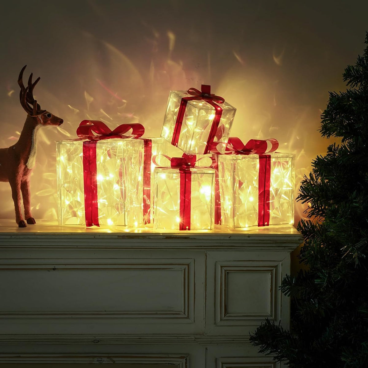 Juego de 4 cajas de regalo iluminadas de Navidad, decoración de reg...