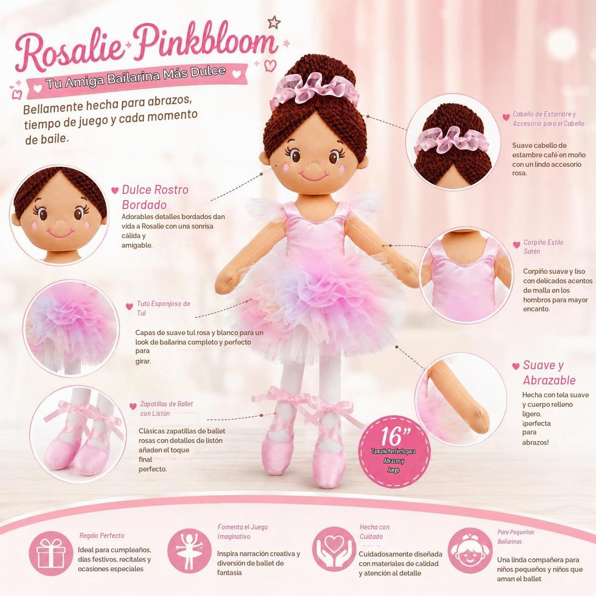 June Garden Rosalie Pinkbloom - Muñeca de peluche de bailarina, tut...