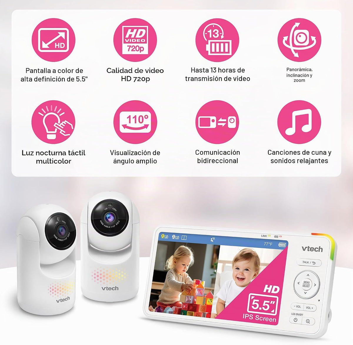VTech Monitor de bebé con 2 cámaras sin WiFi y pantalla dividida IP...