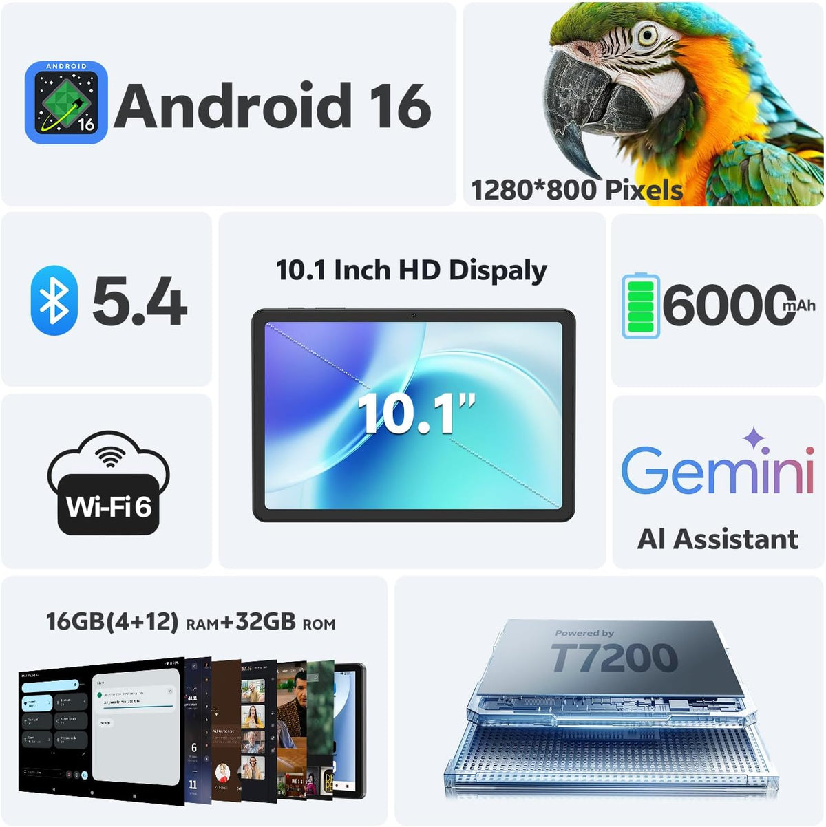 Tablet Android 16 de 10 pulgadas con teclado, 16 GB de RAM + 32 GB,...