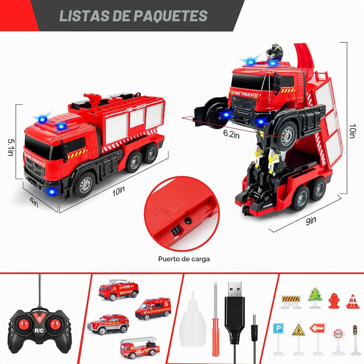 Grarain Camión de bomberos a control remoto con sonidos LED, juguet...