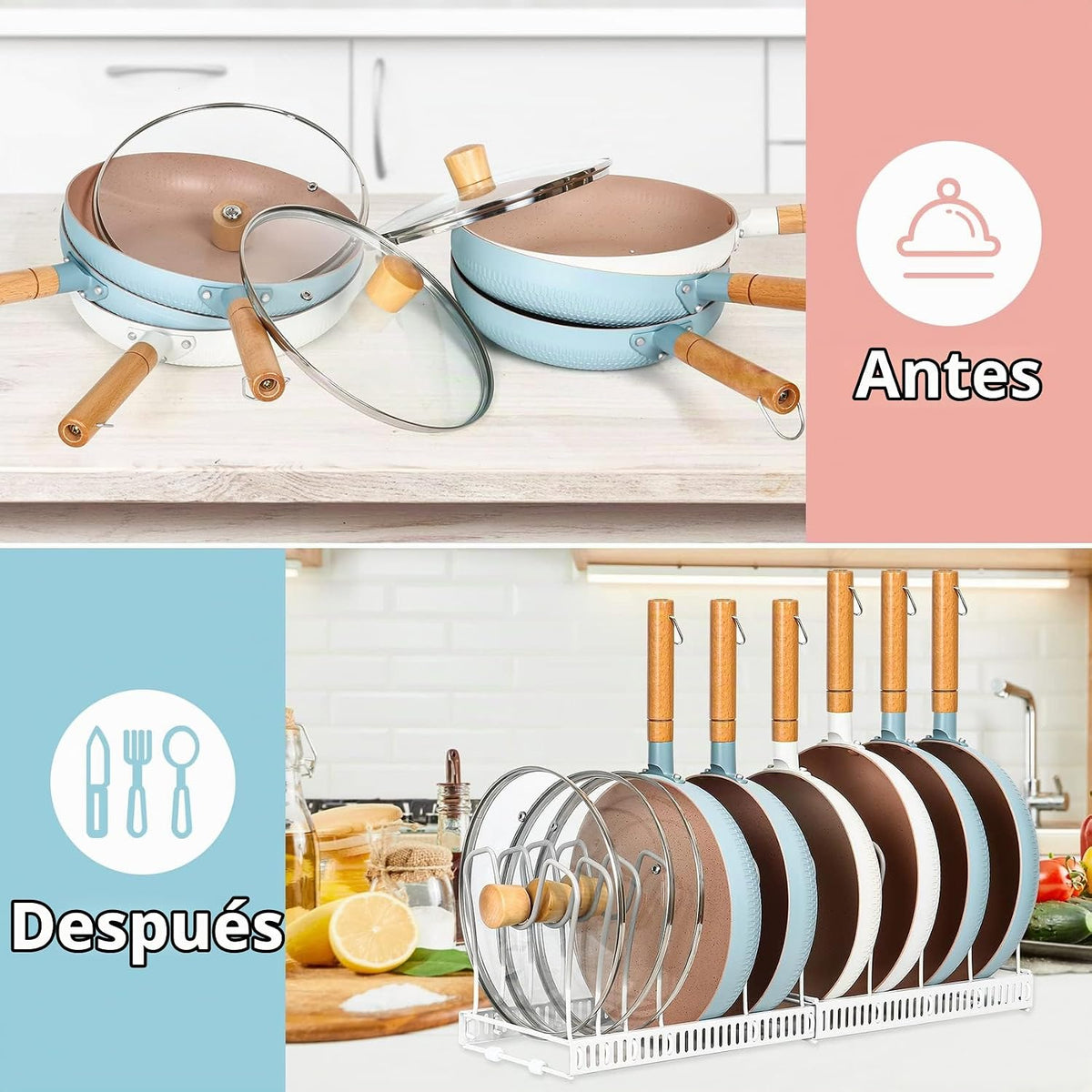 ROOHUA Estante organizador de tapas de ollas y sartenes para debajo...
