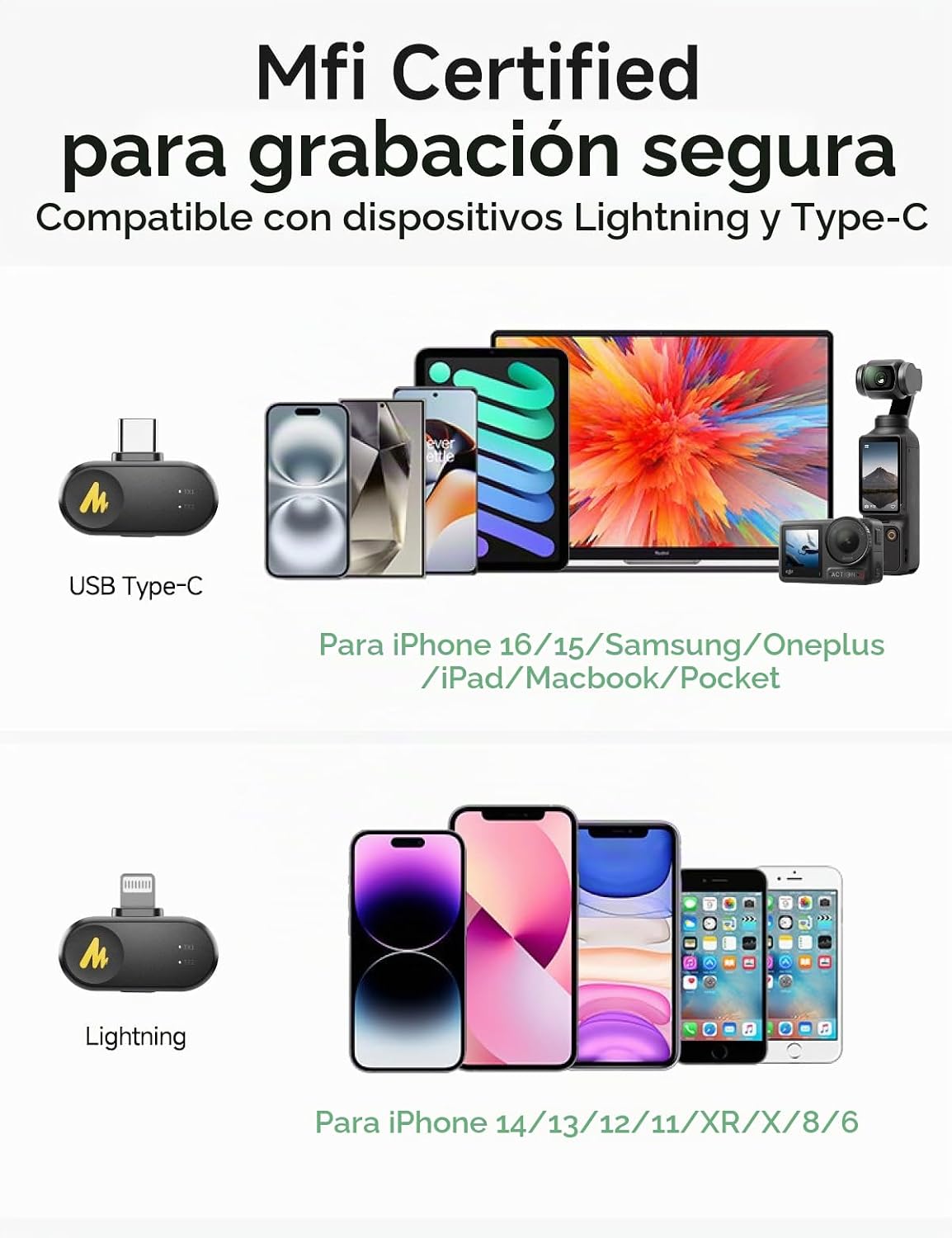 MAONO Micrófono inalámbrico T1 para iPhone\/Android (USBC\/Lightnin...