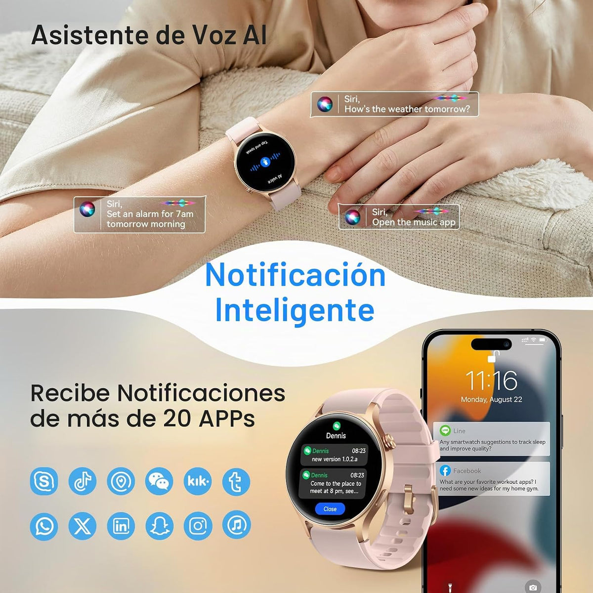 Fitpolo - Reloj inteligente para mujer, rastreador de fitness AMOLE...